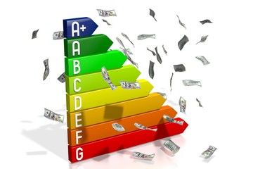 3D energy efficiency chart - power/ electricity saving concept - A+, A, B, C, D, E, F, G