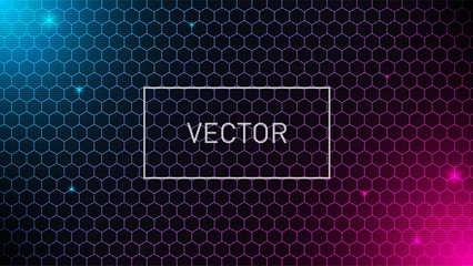 Wall Mural - Hexagonal grid background with pink and blue glows. Geometric pattern. VHS effect. Design for banner. Eps 10