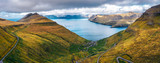 Fototapeta Natura - Aerial panorama of mountains around village of Funningur on Faroe Islands
