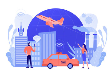 Poster - People with smartphones around modern facilities connected to global web network with wi-fi signs. Internet of things, IoT infrastructure and smart city concept. Vector illustration on background.