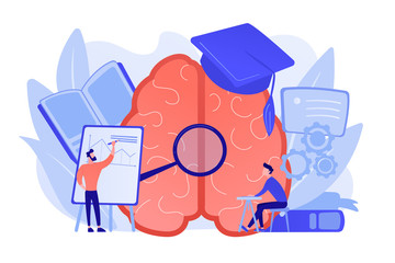 Wall Mural - Brain with magnigier and academic cap and user learning. Learning style, learning and brain process, memory and knowledge, education and training concept. Vector isolated illustration.