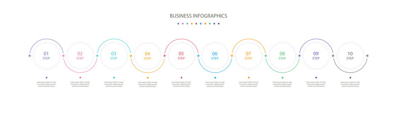 Circles infographics design template with 10 options or steps. Infographics for business concept, process diagram, presentation, workflow layout. Vector linear infographic element. Vector eps 10