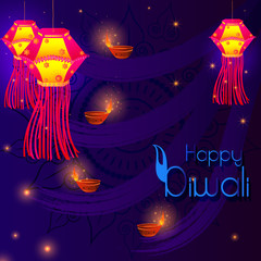 Canvas Print - vector illustration of Decorated hanging Kandil lantern for Happy Diwali festival holiday celebration of India greeting background