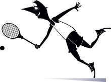 Young Man Playing Tennis Isolated Illustration. Man With A Tennis Racket Beats A Ball Black On White