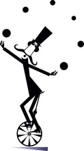 Equilibrist Mustache Man Rides On The Unicycle And Juggles The Balls Illustration. Funny Long Mustache Man In The Top Hat Balances On The Unicycle And Juggles The Balls Black On White