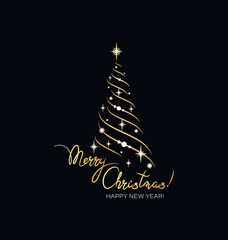 Shining Christmas spruce. Isolated. Golden, glowing, sparkling lights. Black background. Gold Christmas tree as symbol of Happy New Year, Merry Christmas holiday celebration. Golden light decoration. 