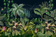 Seamless Border With Jungle Trees And Flowers. Vector.