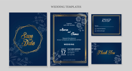 Set Wedding Invitation Card Template with Blue Navy background