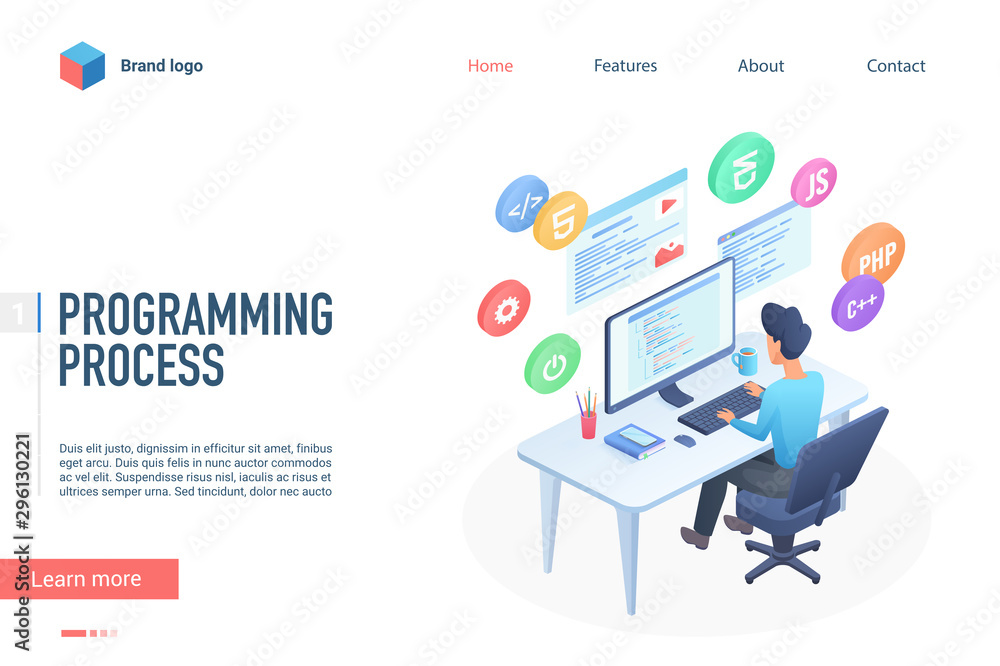 website development web banner or landing page set.... Programming process landing page vector template. Software engineering ...