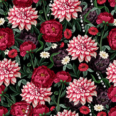 Wall Mural - Seamless pattern with dahlia, peonies and wild flowers. Vector.