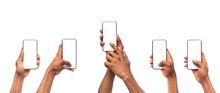 Man's Hands Using Smartphone With Blank Screen On White Background