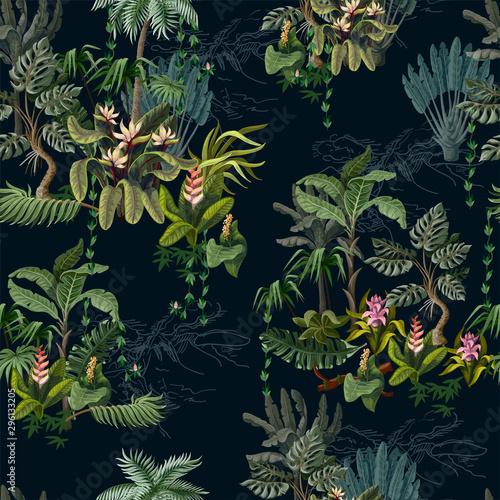 Fotografía Seamless pattern with jungle trees and flowers. Vector.