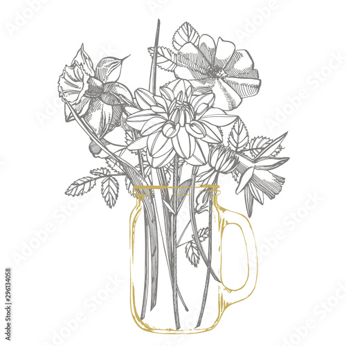 Roses and Dahlias flowers bouquet isolated on white background. Set of drawin...