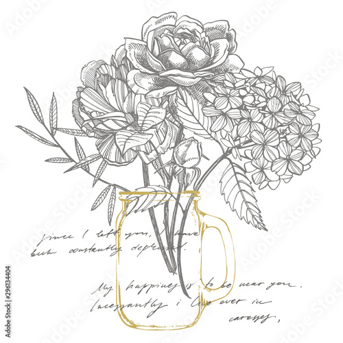 Bouquet. Spring Flowers and twigs. Peonies, Hydrangea, Rose. Vintage botanica...