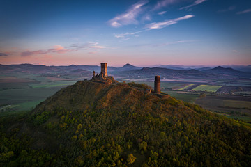 At the top of the mountain there is the ruin of a mediaeval castle, of which two towers and some wall fragments are still standing