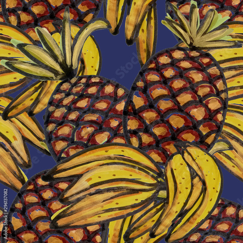 Creative seamless pattern with hand drawn abstract pineapples and bananas. Fr...