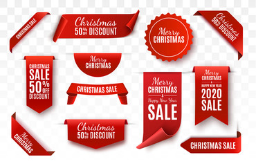Wall Mural - christmas sale tags collection. red scrolls and banners isolated. merry christmas and happy new year
