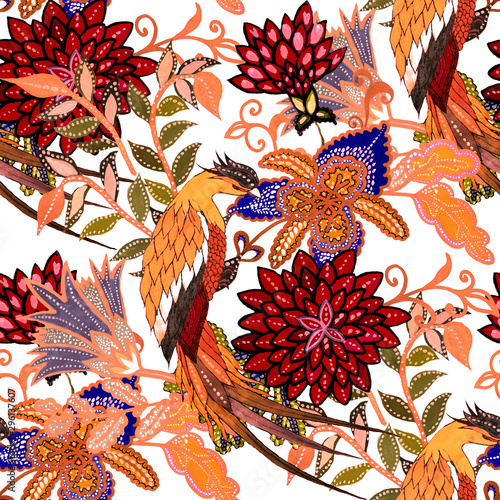 Creative seamless pattern with hand drawn fantasy flowers and bird. Trendy fa...