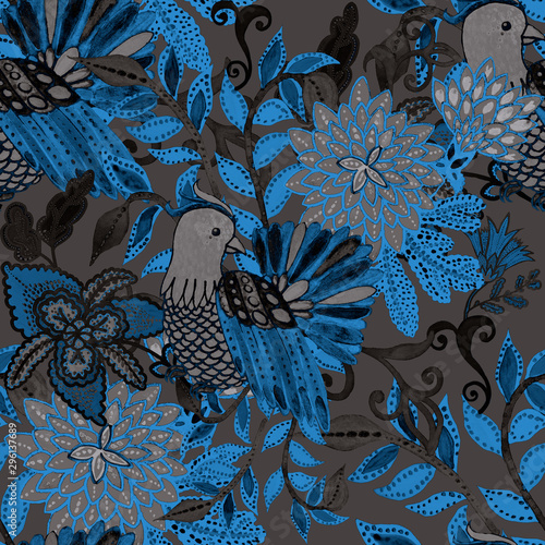 Creative seamless pattern with hand drawn fantasy flowers and bird. Trendy fa...