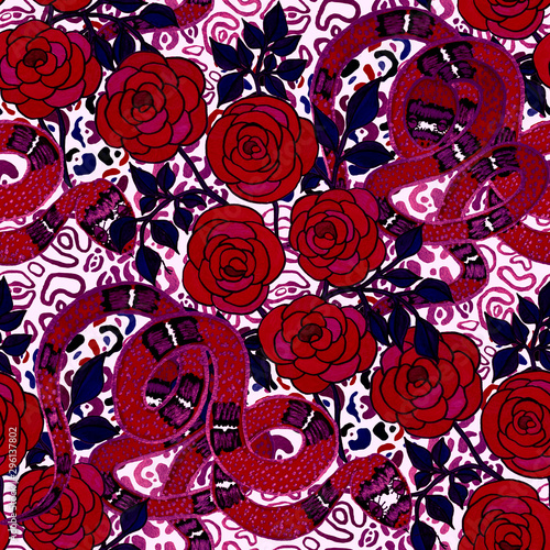 Creative seamless pattern with hand drawn roses and snakes on leopard print. ...