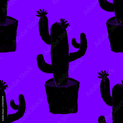 Creative seamless pattern with hand drawn cactuses in pots. Bright botanical ...
