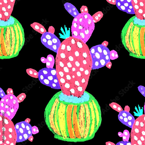 Creative seamless pattern with hand drawn cactuses in pots. Bright botanical ...
