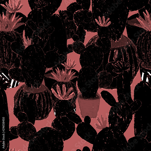 Creative seamless pattern with hand drawn cactuses in pots. Bright botanical ...