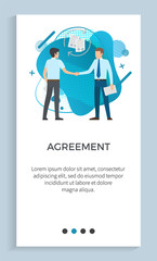 Wall Mural - Agreement vector, male wearing suits formal wear serious men with briefcases on meeting. Conference of people in business, handshake of colleagues. Website or app slider, landing page flat style