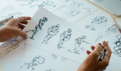 Wall Mural - Animator designer Development designing drawing sketching development creating graphic pose characters sci-fi robot Cartoon illustration animation video game film production , animation design studio.