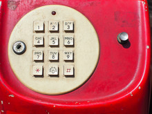 Close Up Of Old Retro Red Phone Keypad. Analog Dial Pad Of Old Phone. Vintage And Retro Telephone.