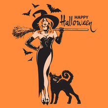 Happy Halloween Hand Drawn Text, Beautiful Sexy Witch Holding Broomstick With Black Cat And Bats Isolated On Orange. Vector Illustration.