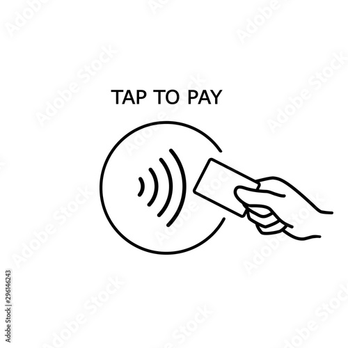 Fotografía Contactless payment, credit card and hand tap pay wave logo