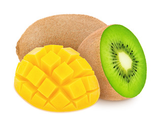 Canvas Print - Composite image with kiwi and curved slice of mango isolated on a white background.