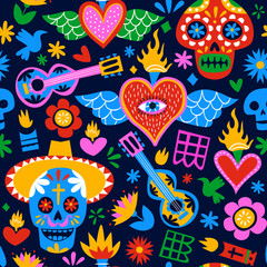 Wall Mural - Day of the dead mexican cartoon background pattern