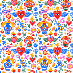 Day of the dead mexican icons seamless pattern