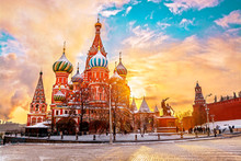 Saint Basil's Cathedral In Red Square In Winter At Sunrise, Moscow, Russia.