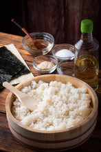 Jaoanese Sushi Rice In Wooden Bowl With Ingredients