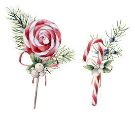 Watercolor Christmas candies. Hand painted candy cane, striped peppermint lollipop, fir branch and snowberries isolated on white background. Sweet illustration for design, print, fabric or background.