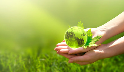 Earth crystal glass globe ball and maple leaf in human hand on grass background. Saving environment, save clean green planet, ecology concept. Card for World Earth Day.