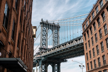 Sticker - View of one of the towers of the Manhattan Bridge from the streets of the DUMBO district, Brooklyn, NYC 