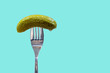 Pickle on fork, dill, gherkin, aqua blue background, national pickle day