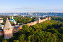 Towers Of Smolensk Fortress Wall. The Southern Wall Of The Smolensk Kremlin And A Panorama Of The City Of Smolensk From A Flight Height, Russia.