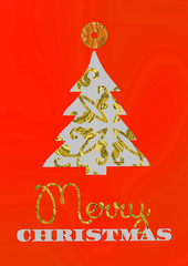 Silver Christmas tree with golden decoration on red background