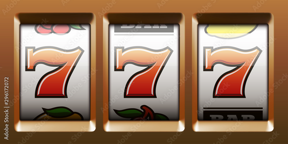 Illustration banner of mobile online casino application with 777 big win slot machine. Realistic advertising poster with online mobile app casino and Jackpot 777. Play now in One Armed Bandit banner - obrazy, fototapety, plakaty 