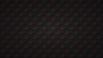 Abstract dark background of black octagon and square tiles with red gaps between them