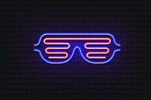 Vector Illustration Of Neon Shutter Shades. Retro 80's Style Slot Glasses. Neon Glowing Sunglasses
