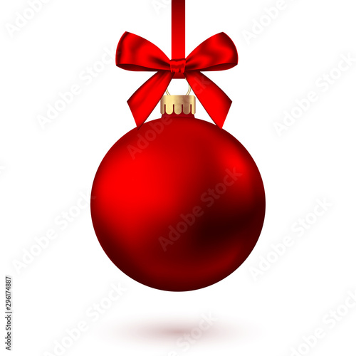 Fotomural Realistic red Christmas ball with bow and ribbon.