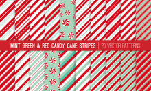 Super Pack Of Red, Mint Green And White Candy Cane Stripes And Peppermints Seamless Vector Patterns. Christmas Background. Variable Thickness Diagonal Lines. Repeating Pattern Tile Swatches Included.