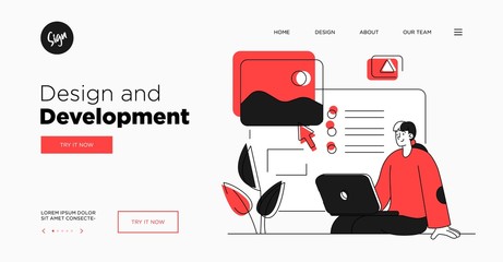 Presentation slide template or landing page website design. Business concept illustrations. Modern flat outline style. Design And Development