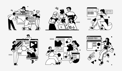 Workflow management business concept illustrations. Collection of scenes at office with men and women taking part in business activity. Outline vector illustration.